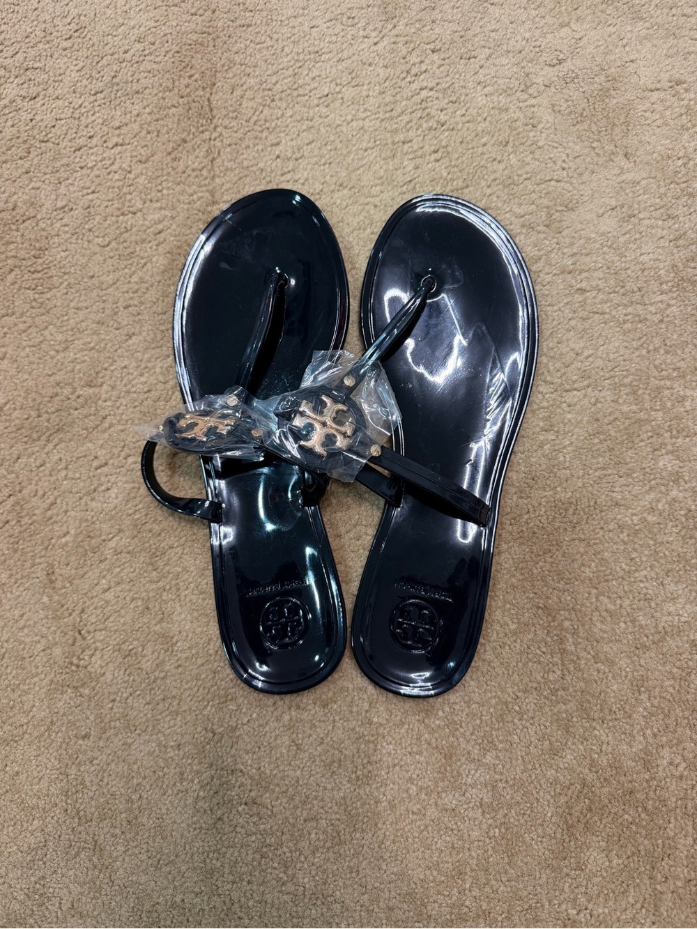 Tory Burch Black Glossy Jelly Thong Sandals with Logo Medallion